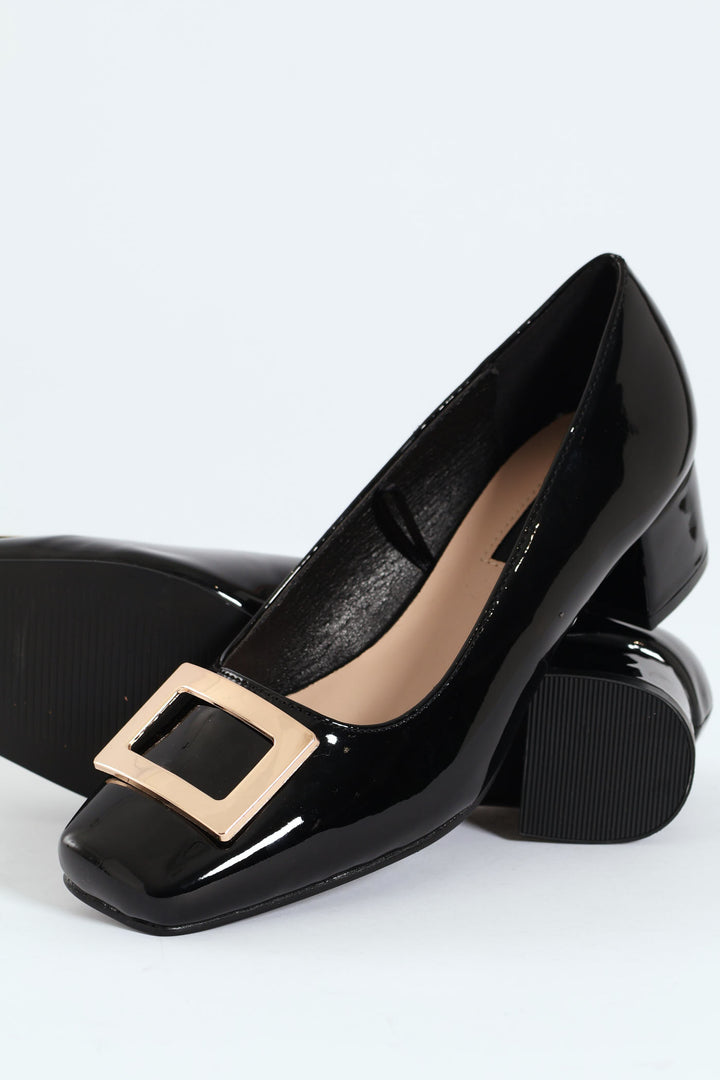 Square Toe Court Heel With Trim - Black