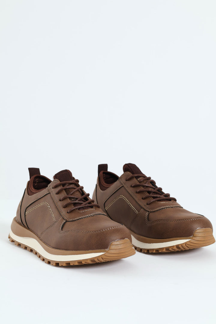 Knit Collar Track Sole Lace Up Sneaker - Hazelnut