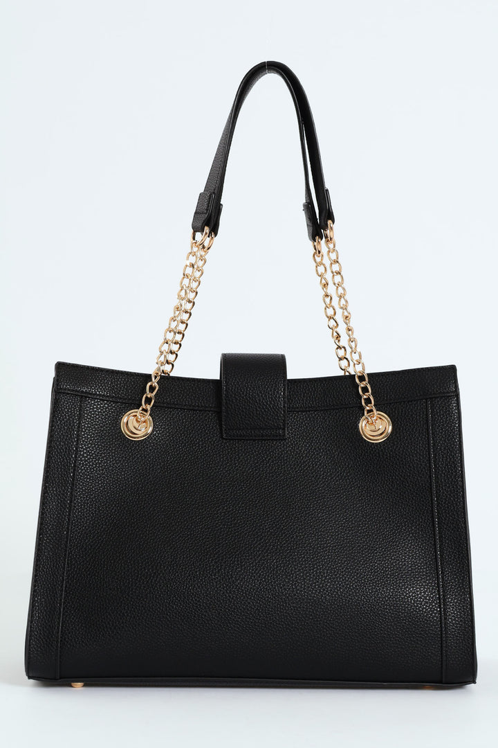 Chain Detail Gold Clasp Shopper - Black