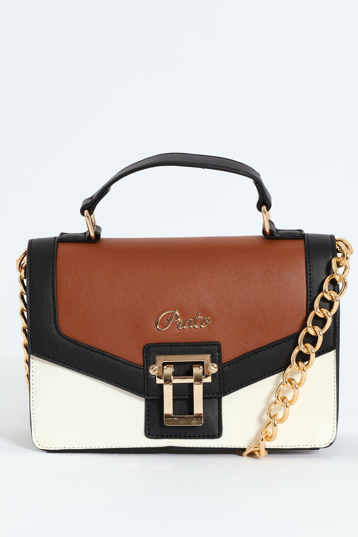 Colour Block Top Handle Satchel With Gold Clasp