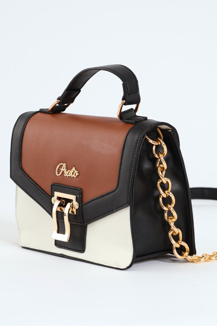 Colour Block Top Handle Satchel With Gold Clasp