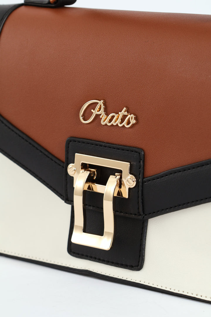 Colour Block Top Handle Satchel With Gold Clasp