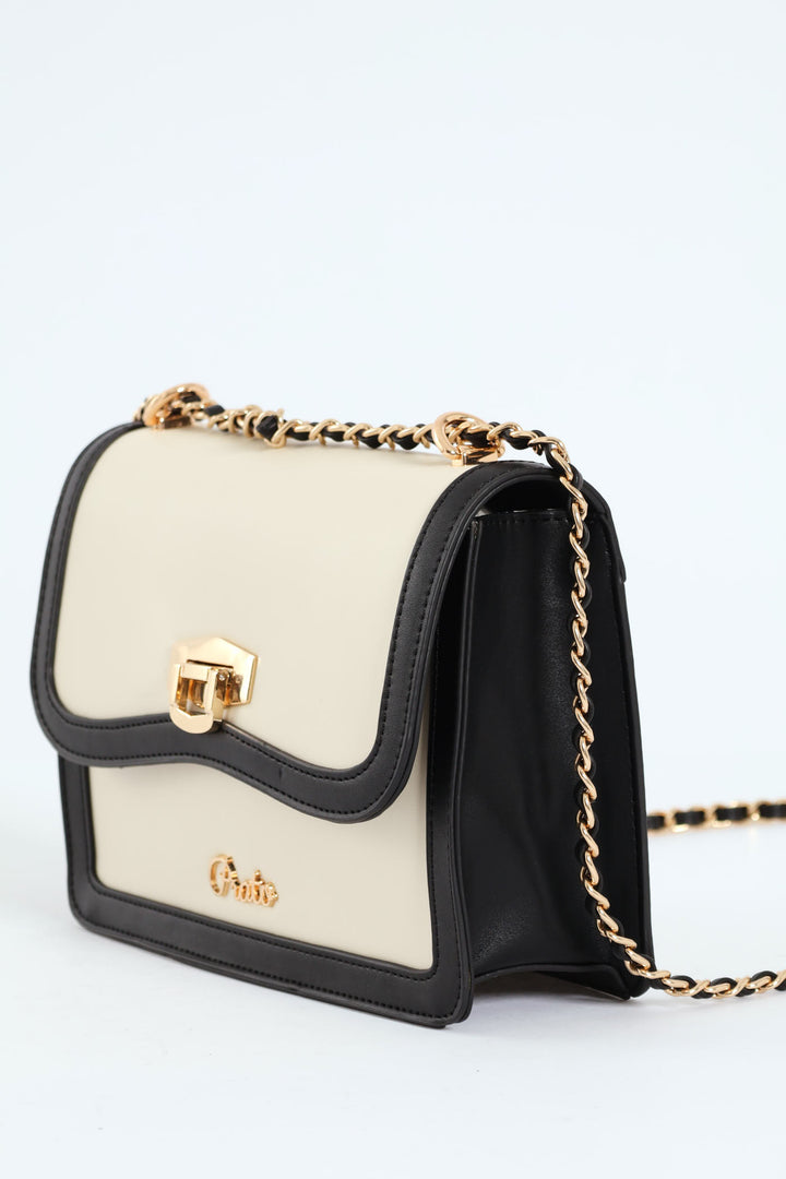 Colour Block Chain Shoulder Strap Bag - Cream