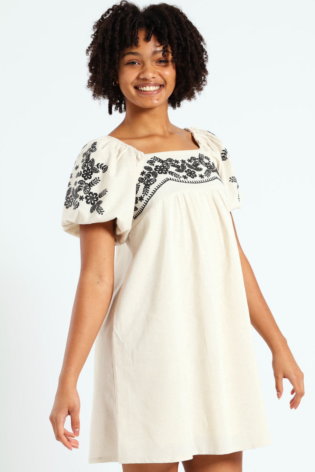 Girls Linen Embroidered Puff Sleeve Dress - Stone