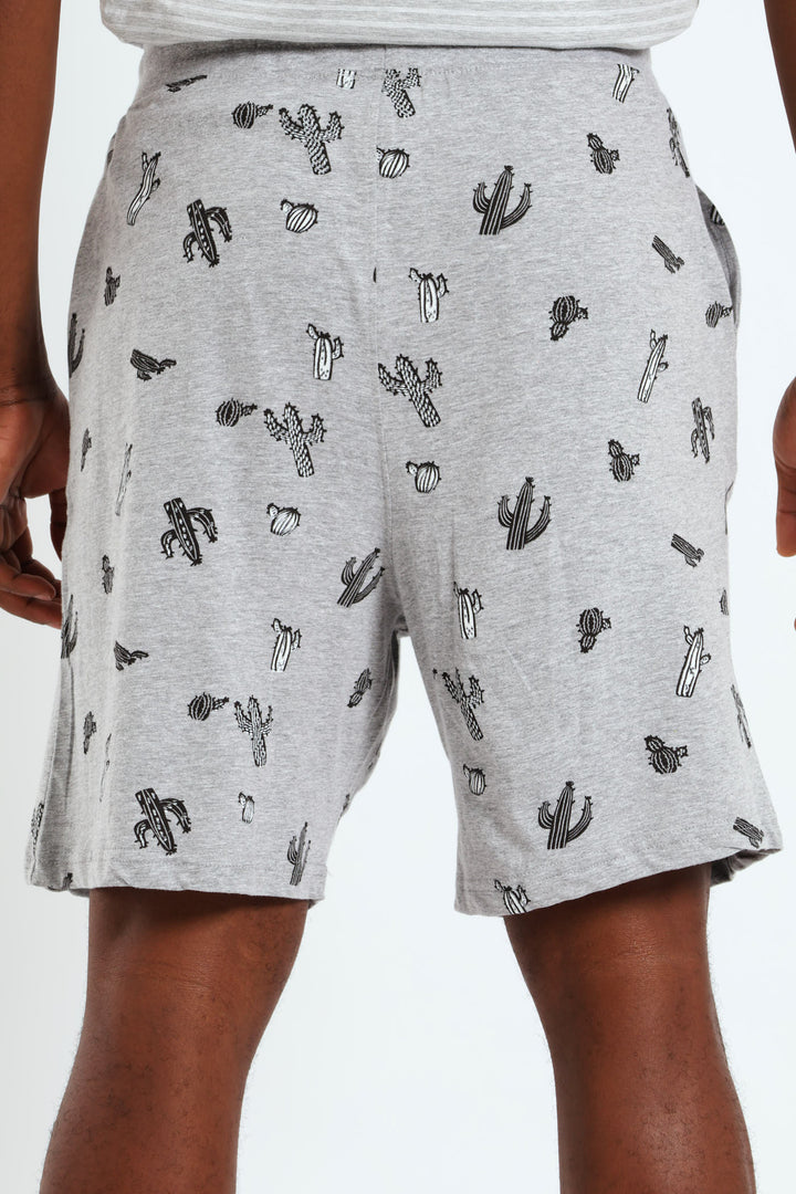 Cactus Print Knit Shorts - Grey Melange