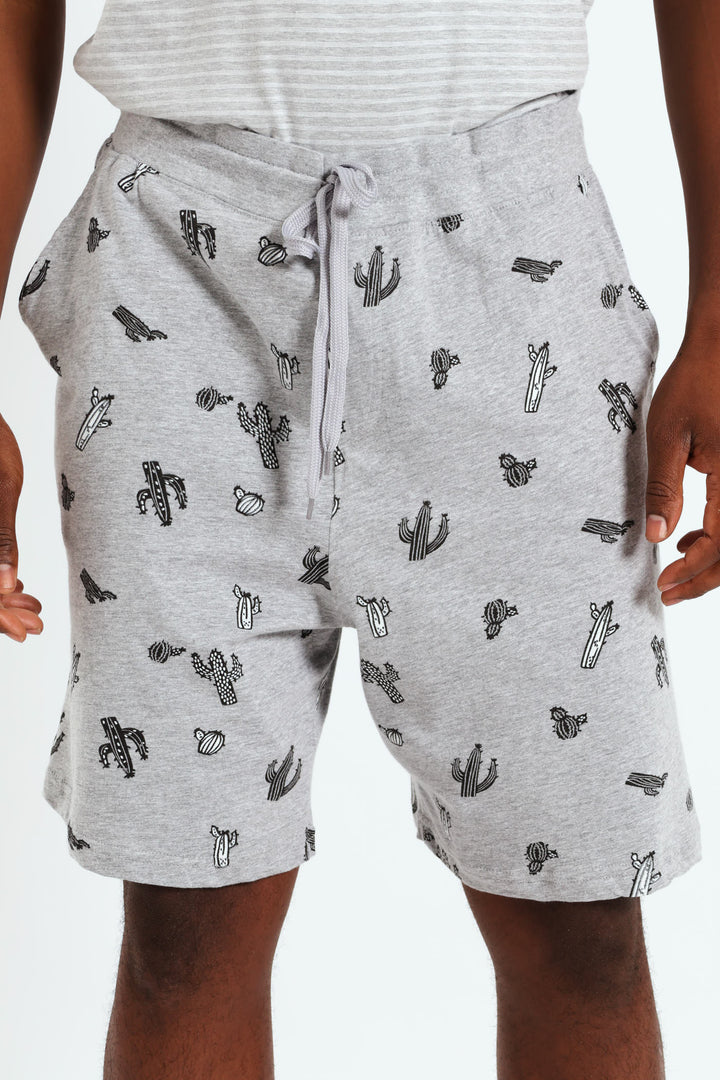 Cactus Print Knit Shorts - Grey Melange