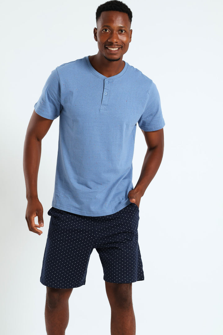 Speckle Henley Sleep Top - Mid Blue