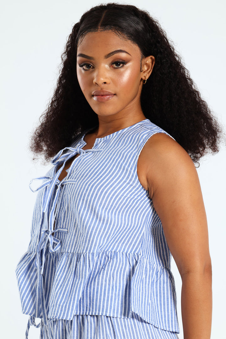 Pinstripe Bow Blouse - Light Blue