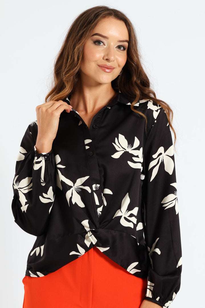 Knot Detail Satin Shirt - Black/Cream