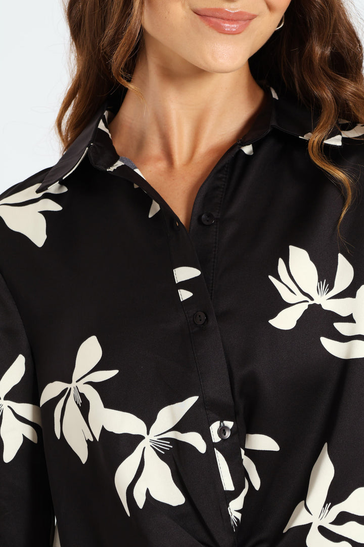 Knot Detail Satin Shirt - Black/Cream