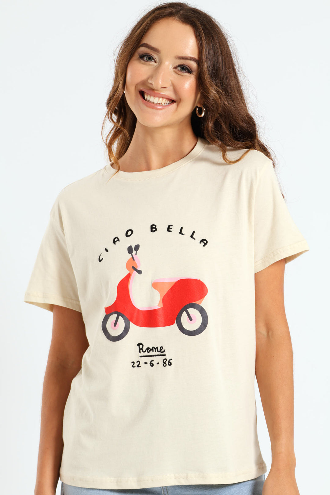 Embroidered Ciao Belle Glitter Vespa Tee - Cream