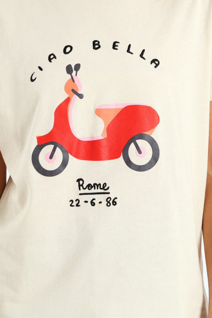 Embroidered Ciao Belle Glitter Vespa Tee - Cream