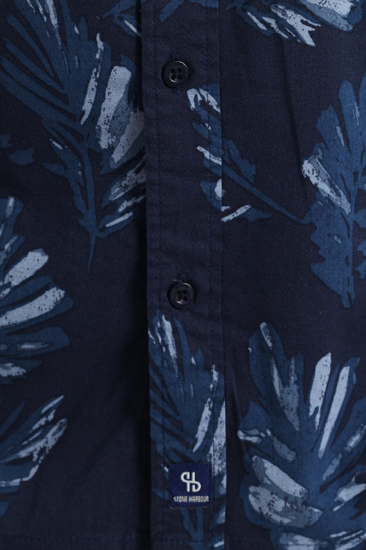 Leaf Print Collared Shirt - Navy