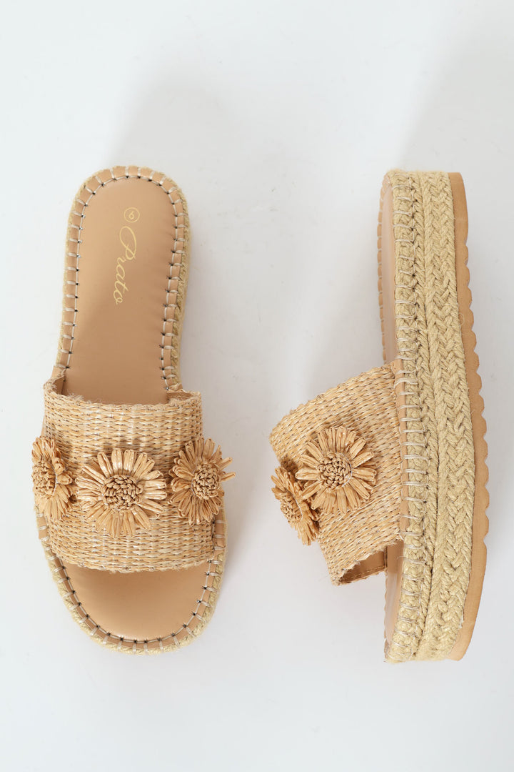 Espadrille Flatform Sandal With Raffia Flower - Natural