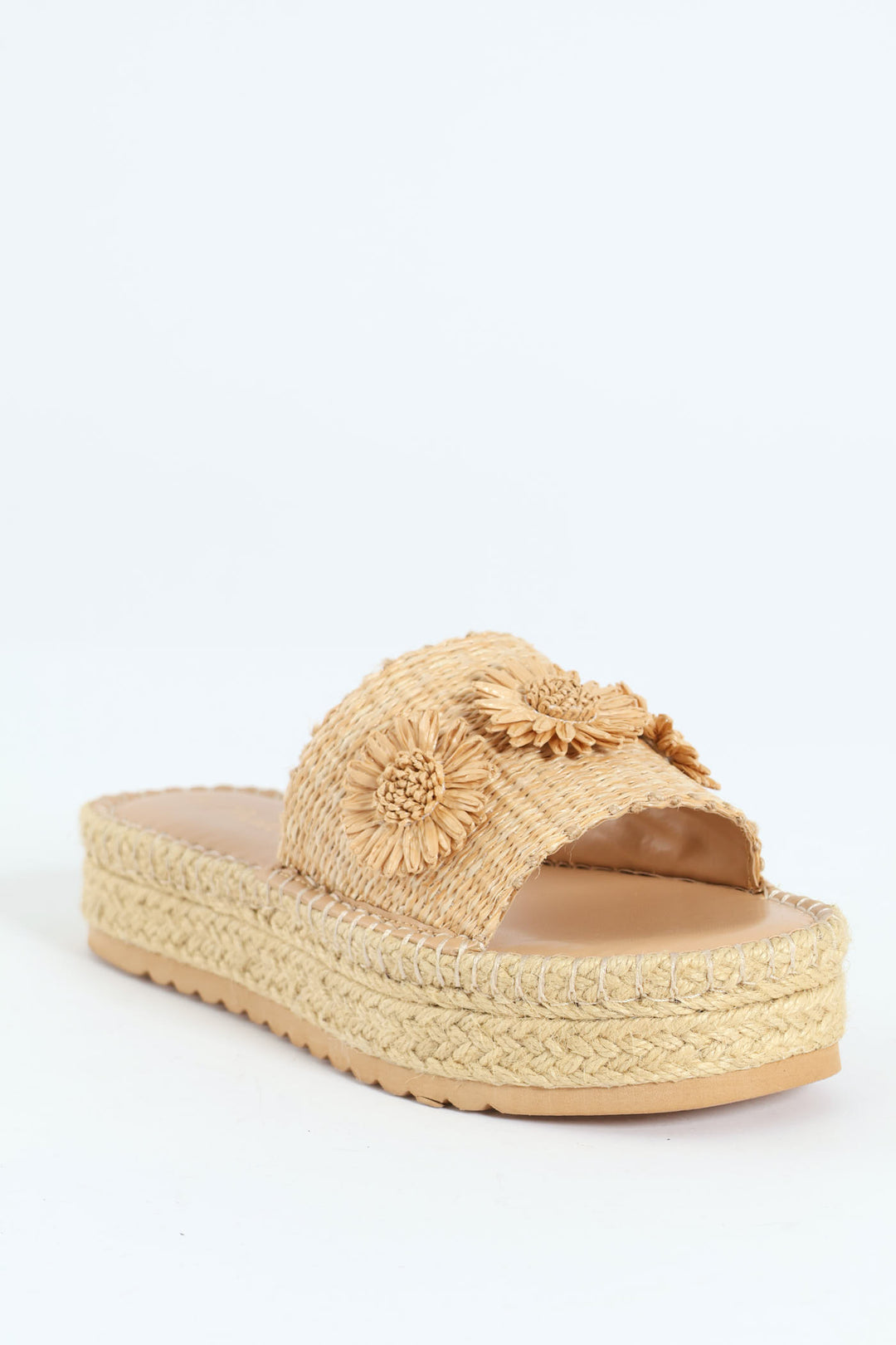 Espadrille Flatform Sandal With Raffia Flower - Natural