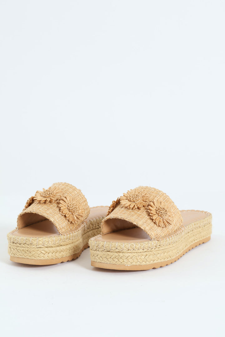 Espadrille Flatform Sandal With Raffia Flower - Natural