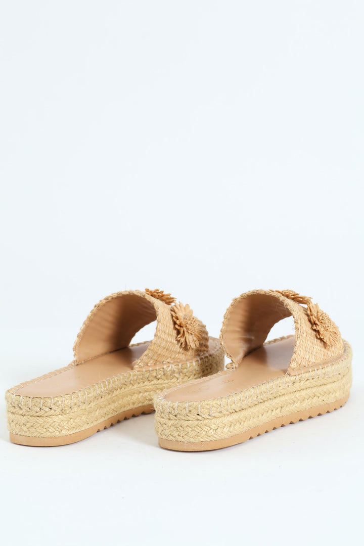 Espadrille Flatform Sandal With Raffia Flower - Natural