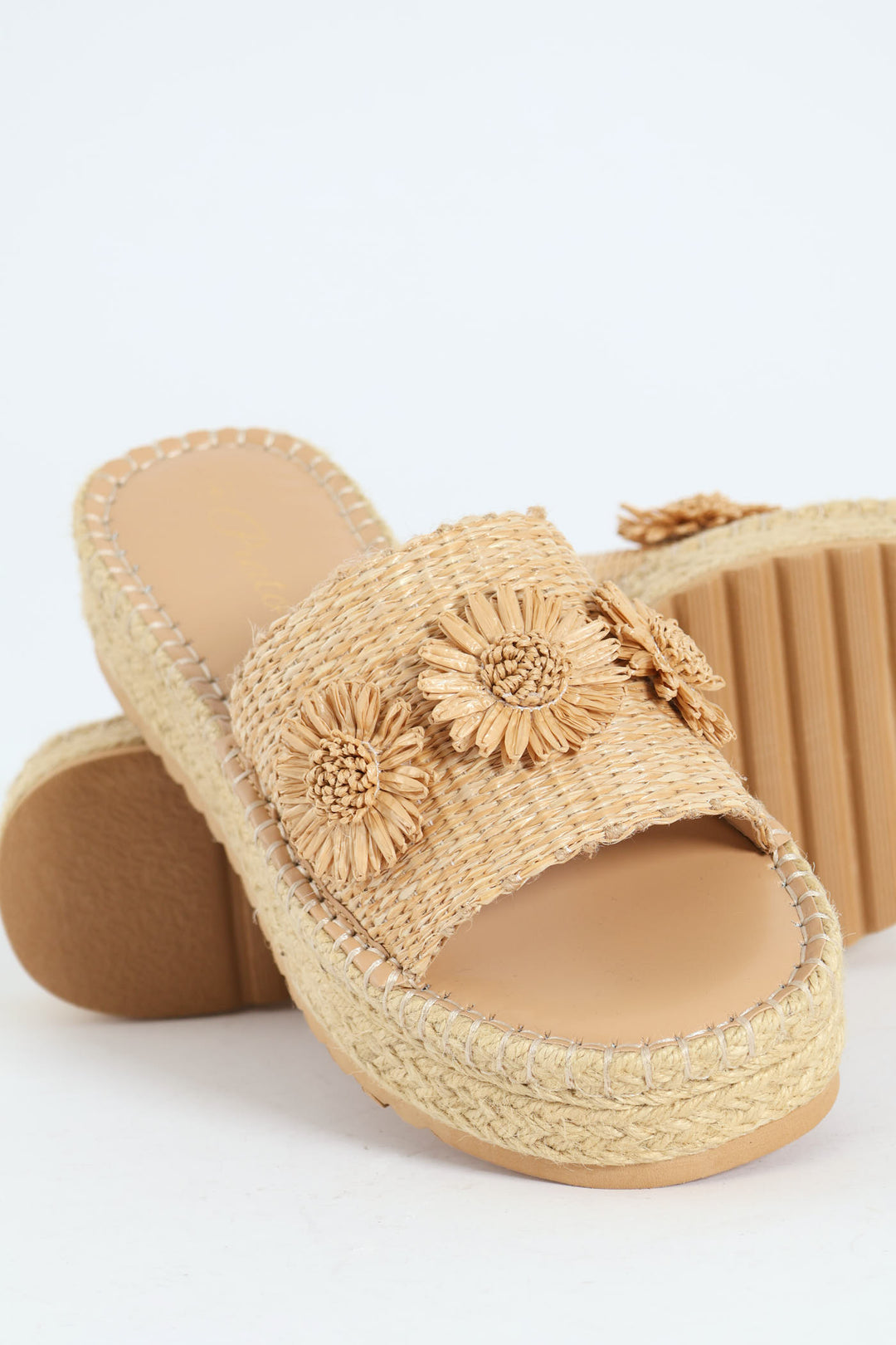 Espadrille Flatform Sandal With Raffia Flower - Natural