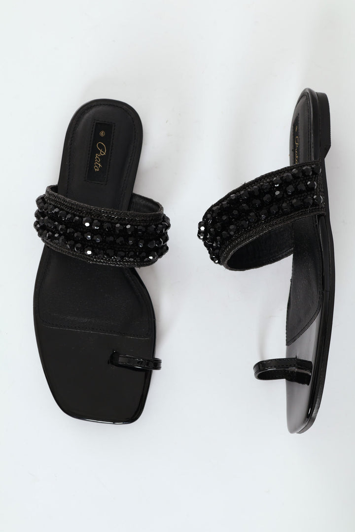 Raffia Toe Post Sandal With Diamante Detail - Black