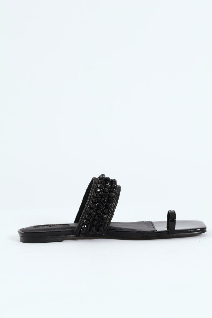 Raffia Toe Post Sandal With Diamante Detail - Black