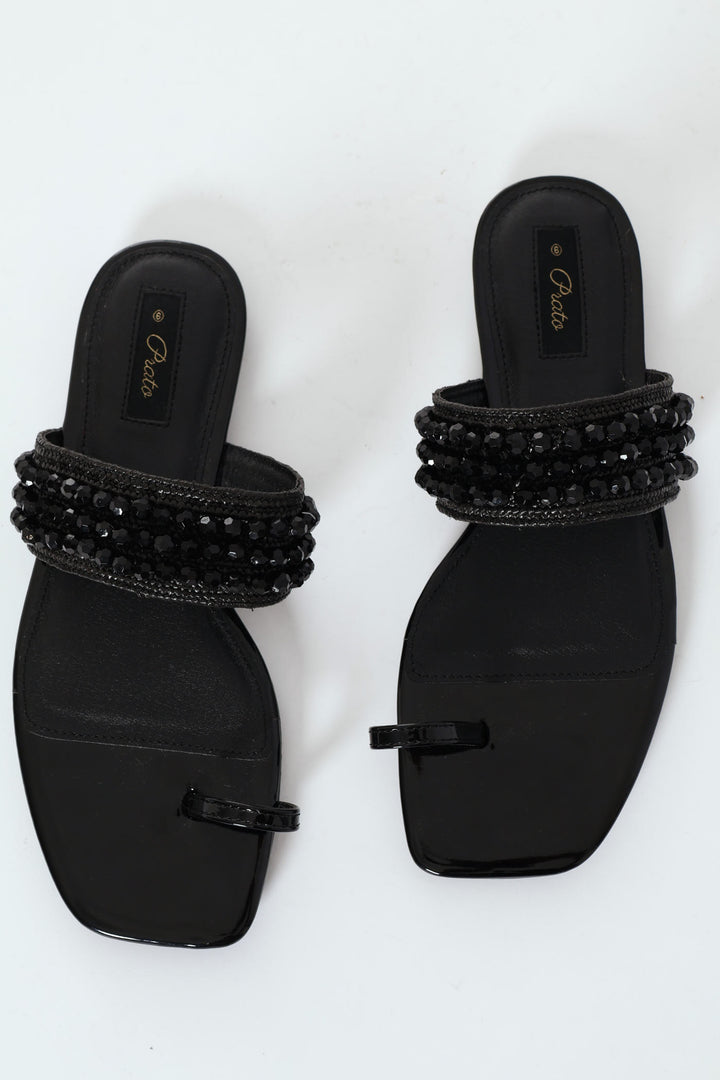 Raffia Toe Post Sandal With Diamante Detail - Black