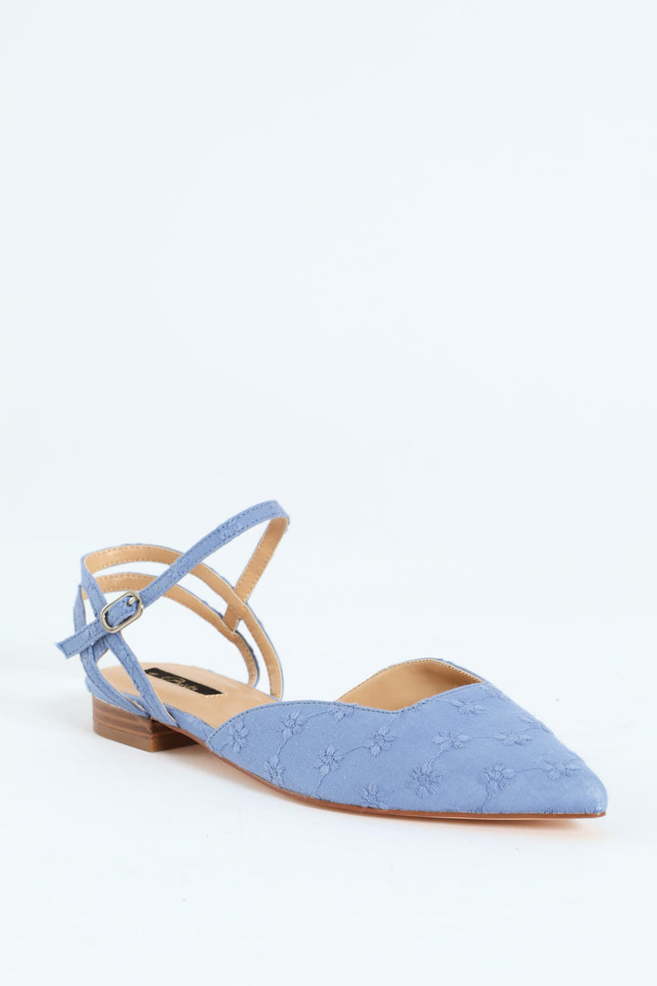 Flower Anglaise Pointy Ankle Strap Push In Mule - Blue