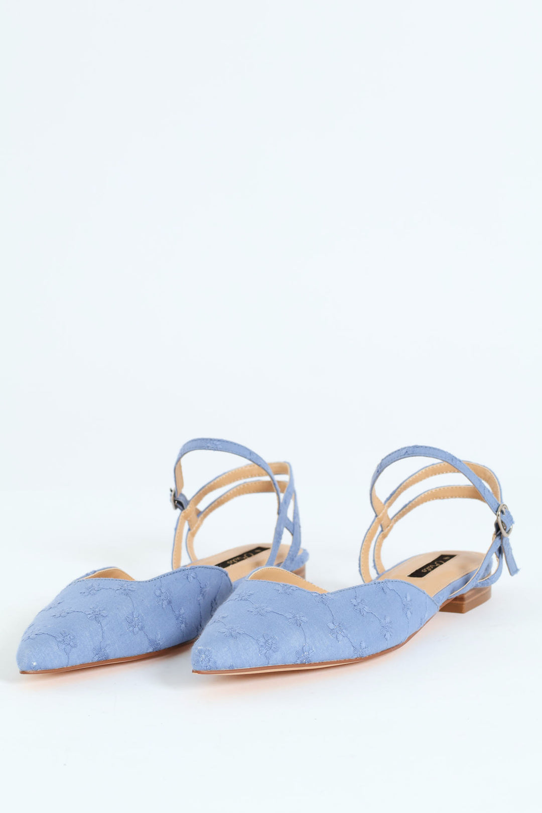 Flower Anglaise Pointy Ankle Strap Push In Mule - Blue