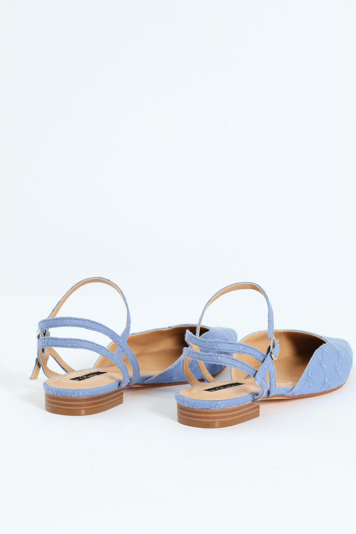 Flower Anglaise Pointy Ankle Strap Push In Mule - Blue