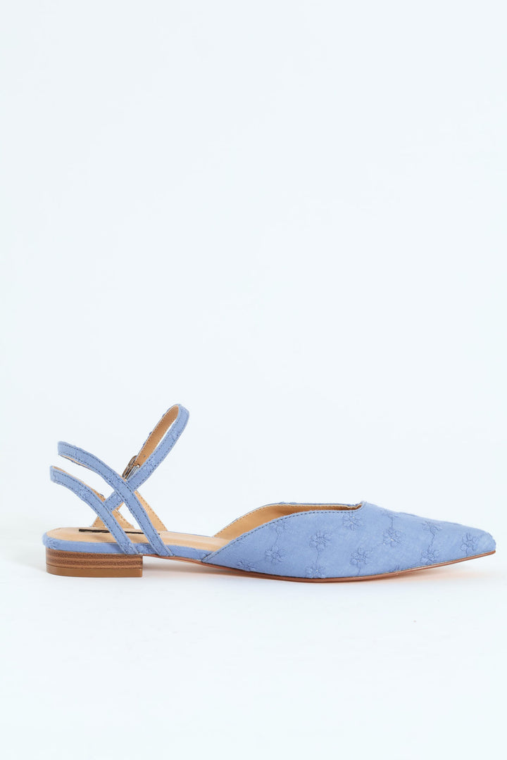 Flower Anglaise Pointy Ankle Strap Push In Mule - Blue