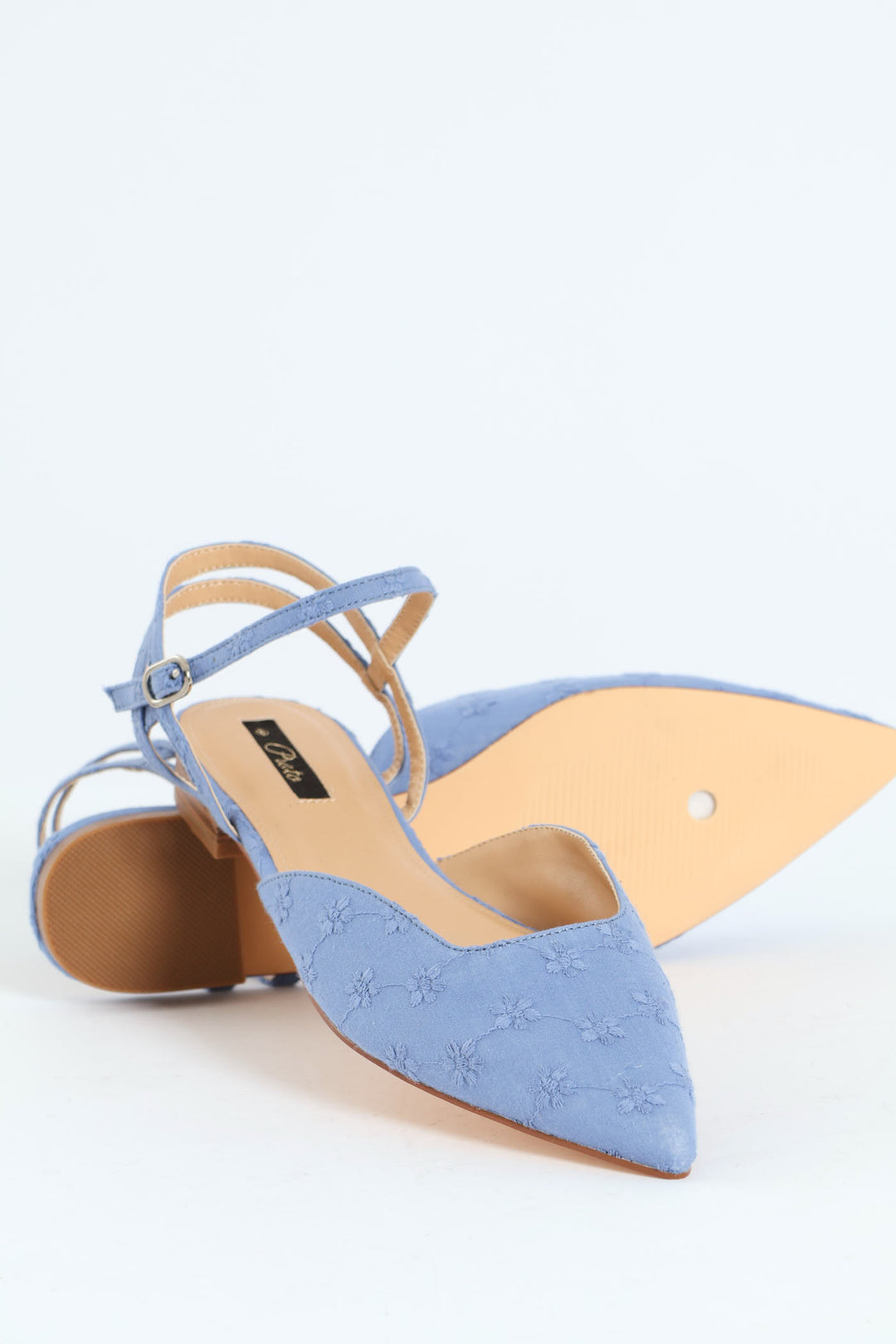 Flower Anglaise Pointy Ankle Strap Push In Mule - Blue