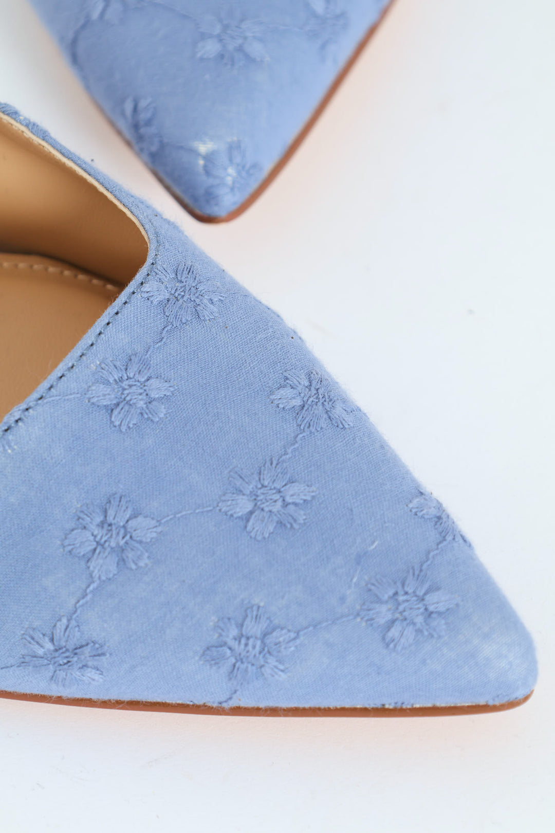 Flower Anglaise Pointy Ankle Strap Push In Mule - Blue