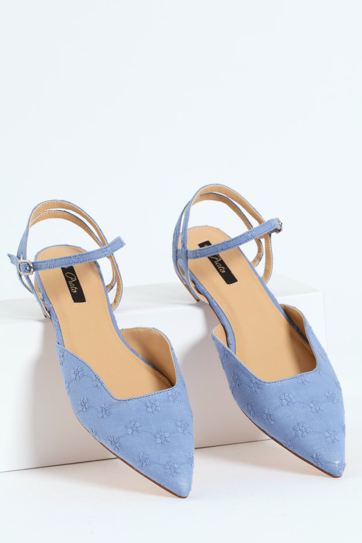 Flower Anglaise Pointy Ankle Strap Push In Mule - Blue