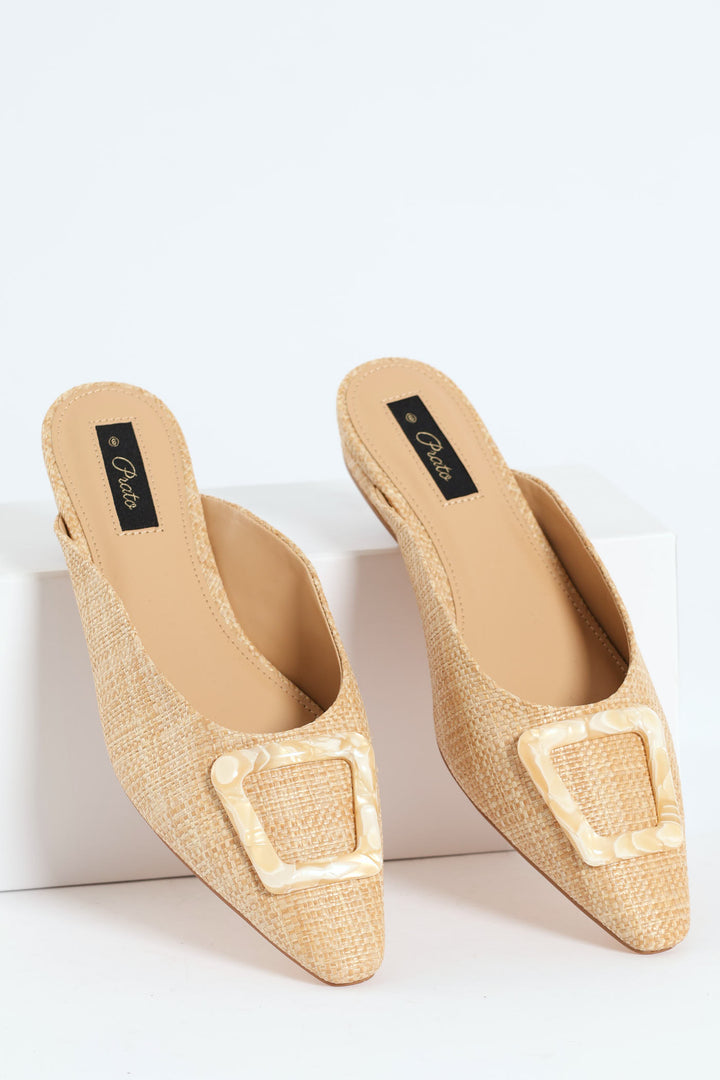 Raffia Sqaured Pointed Toe Mule With Marble Trim - Natural