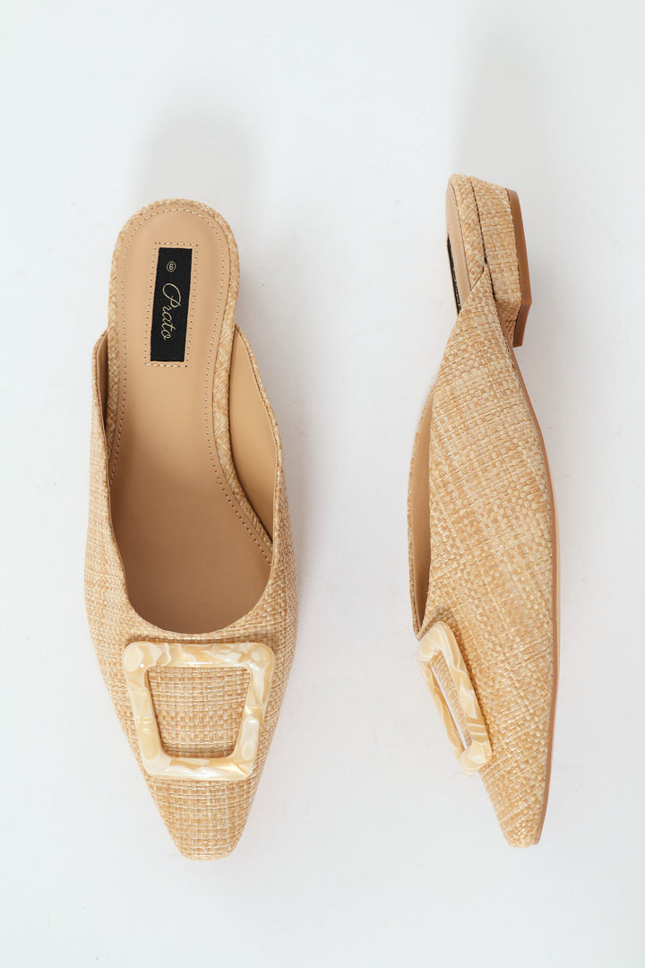 Raffia Sqaured Pointed Toe Mule With Marble Trim - Natural