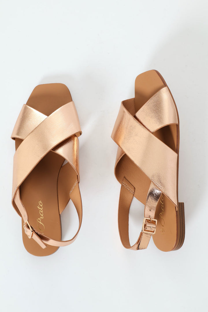 Cracked Mettalic Cross Strap Slingback Sandal - Rose Gold