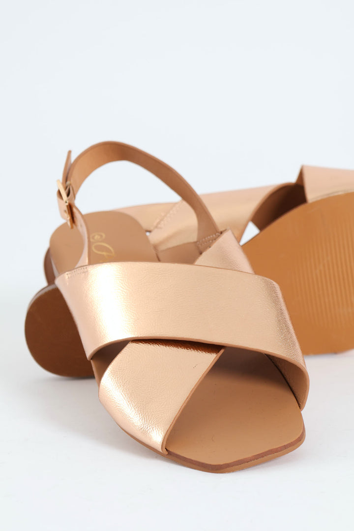 Cracked Mettalic Cross Strap Slingback Sandal - Rose Gold