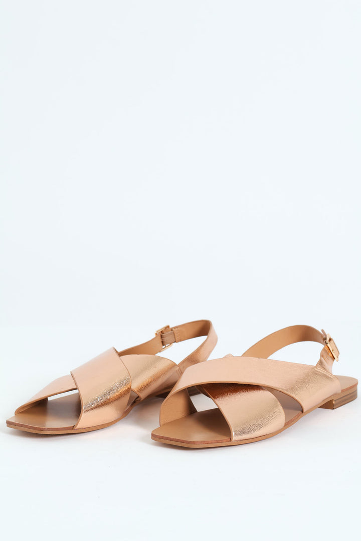 Cracked Mettalic Cross Strap Slingback Sandal - Rose Gold