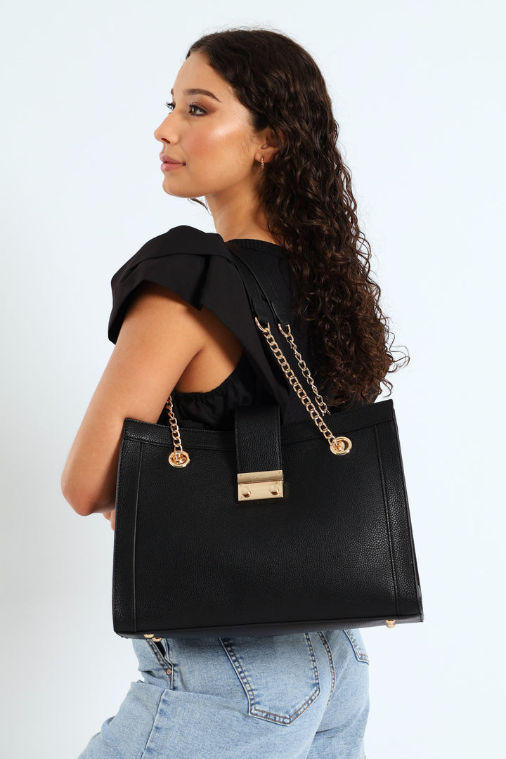 Chain Detail Gold Clasp Shopper - Black