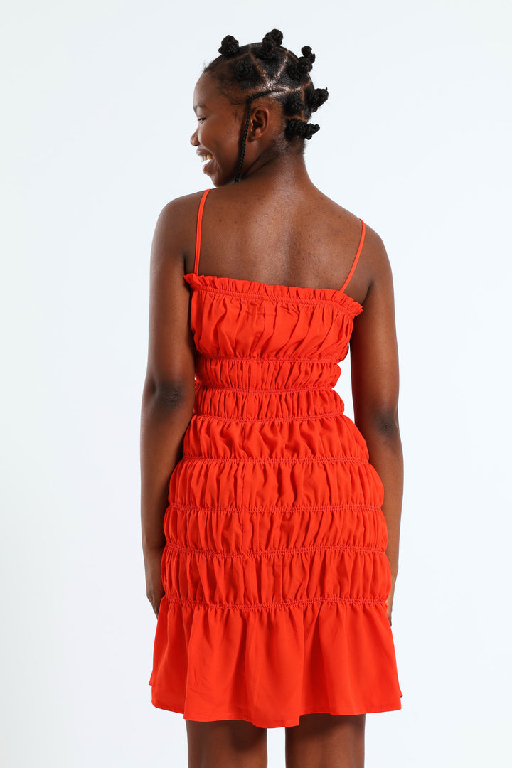 Girls Shirred Strappy Dress - Tangerine