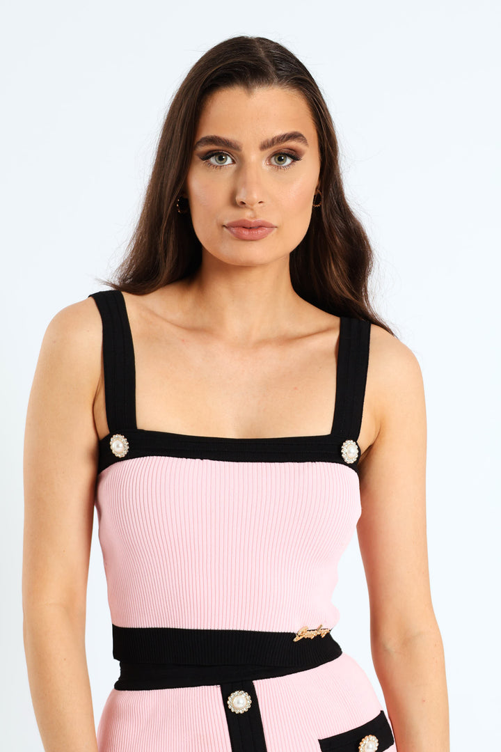 Button Detail Strappy Knit Top - Light Pink