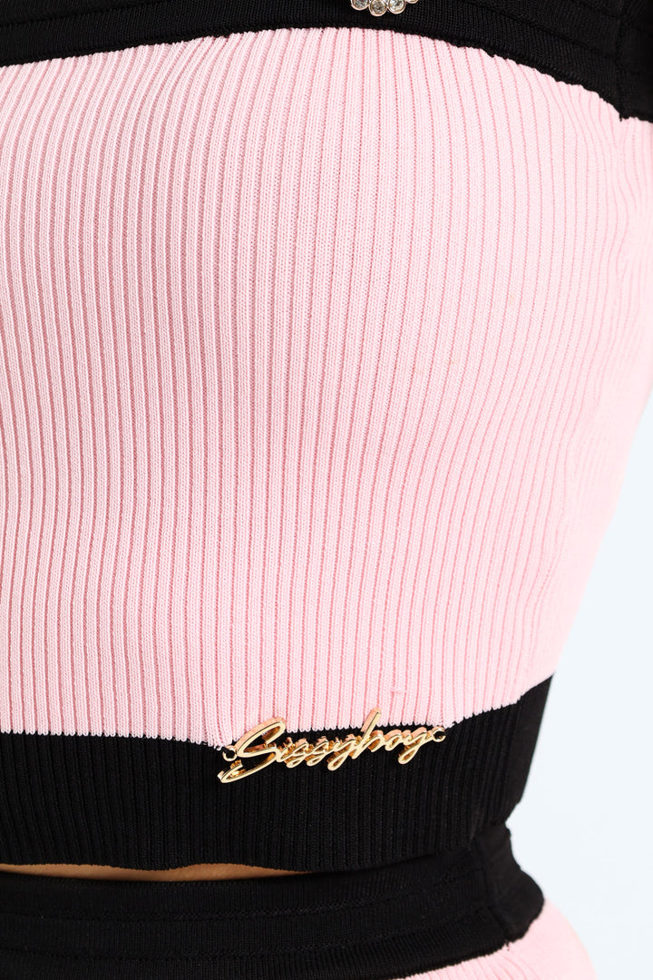 Button Detail Strappy Knit Top - Light Pink