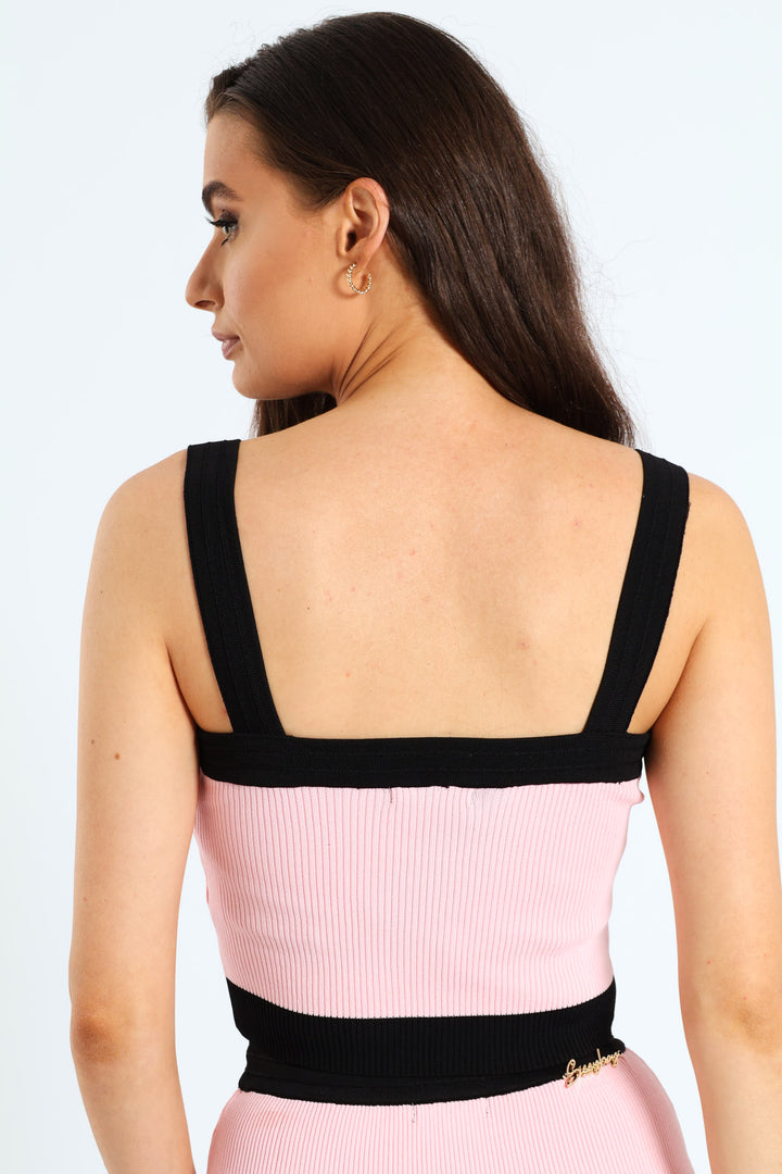 Button Detail Strappy Knit Top - Light Pink