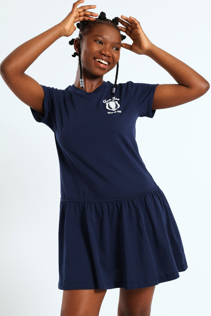 Girls Embroidered Badge Tiered Dress - Navy/Blue