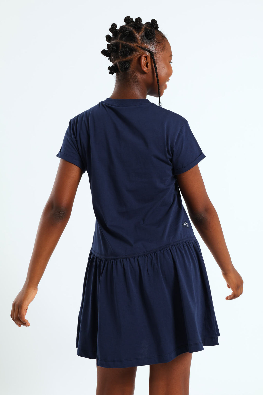 Girls Embroidered Badge Tiered Dress - Navy/Blue