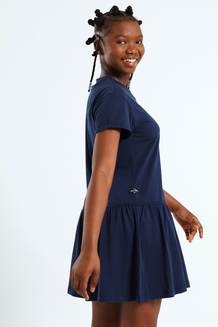 Girls Embroidered Badge Tiered Dress - Navy/Blue