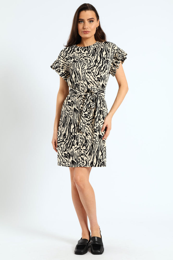 Frill Sleeve Belted Printed Knit Shift Mini Dress - Black/Cream