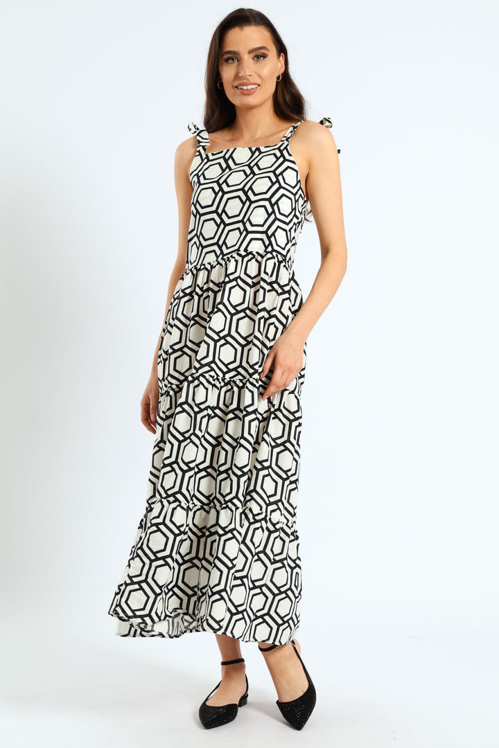 Sleeveless Tie Strap Shirred Tiered Voile Maxi Dress