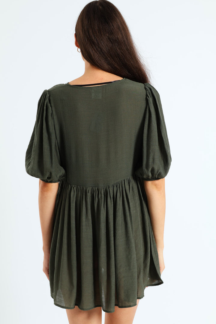 Puff Sleeve Cover Up Dress - Olive