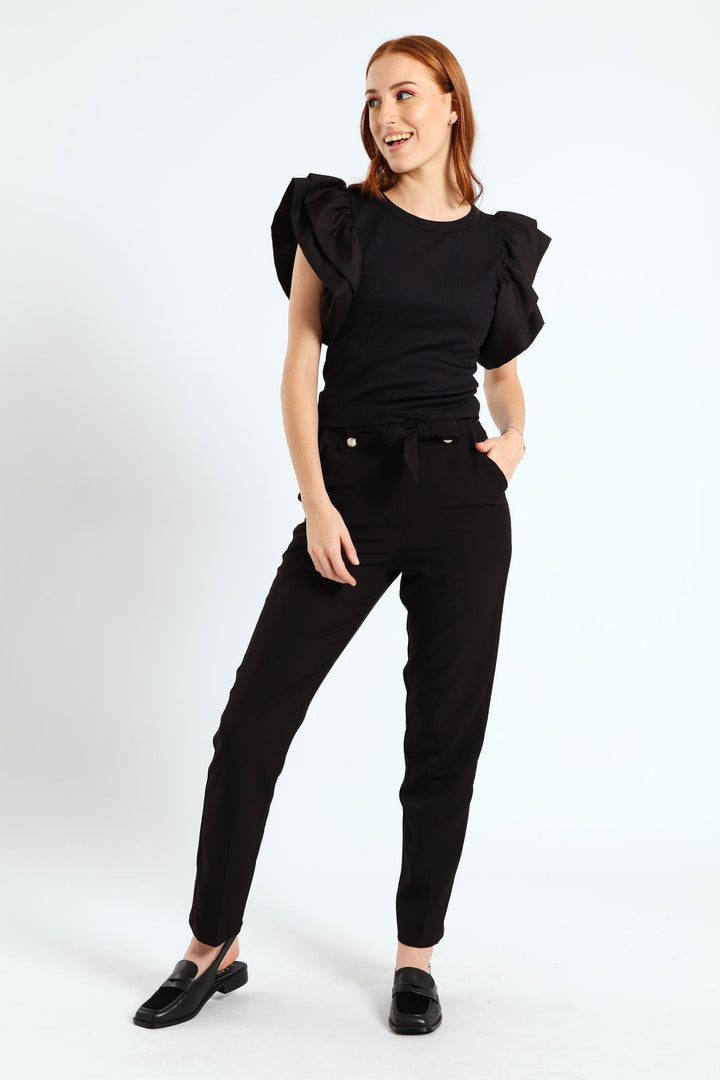 Ruffle Sleeve Rib Combo Tee - Black