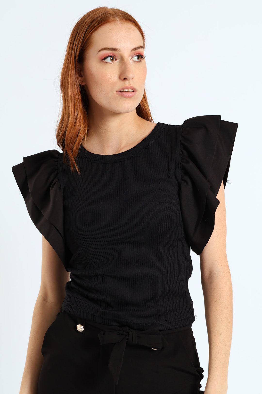 Ruffle Sleeve Rib Combo Tee - Black